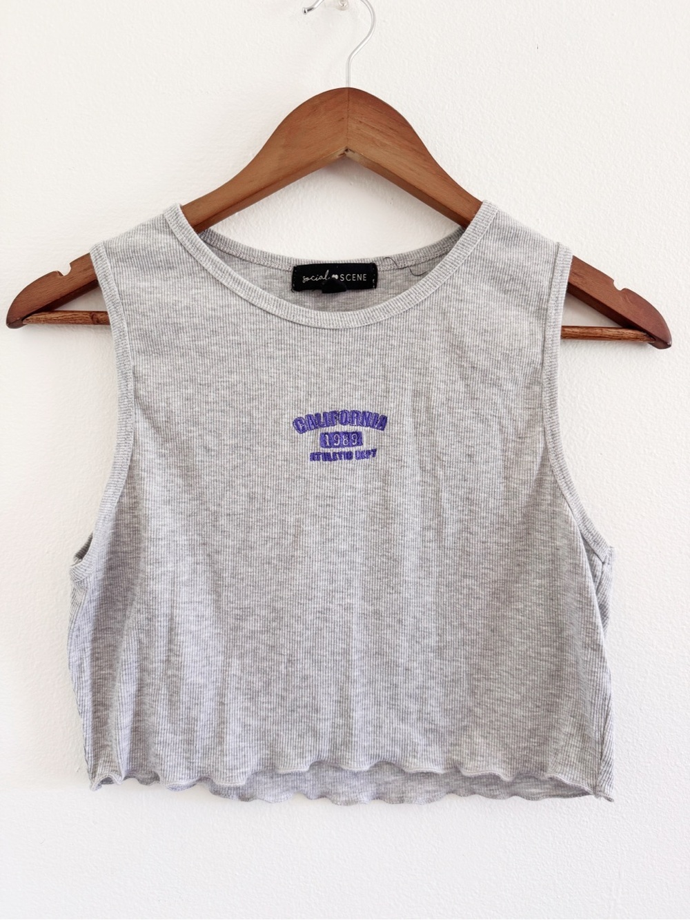 Social Scene Gray Ribbed Cropped Tank with Purple Graphic large